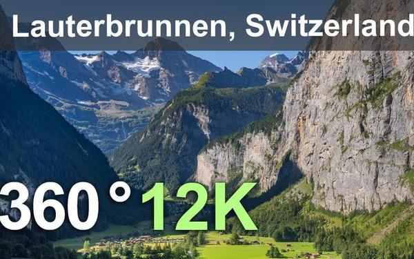 【360° VR】劳特布龙嫩。有瀑布和山峰的山谷。瑞士。 12K航拍360度视频